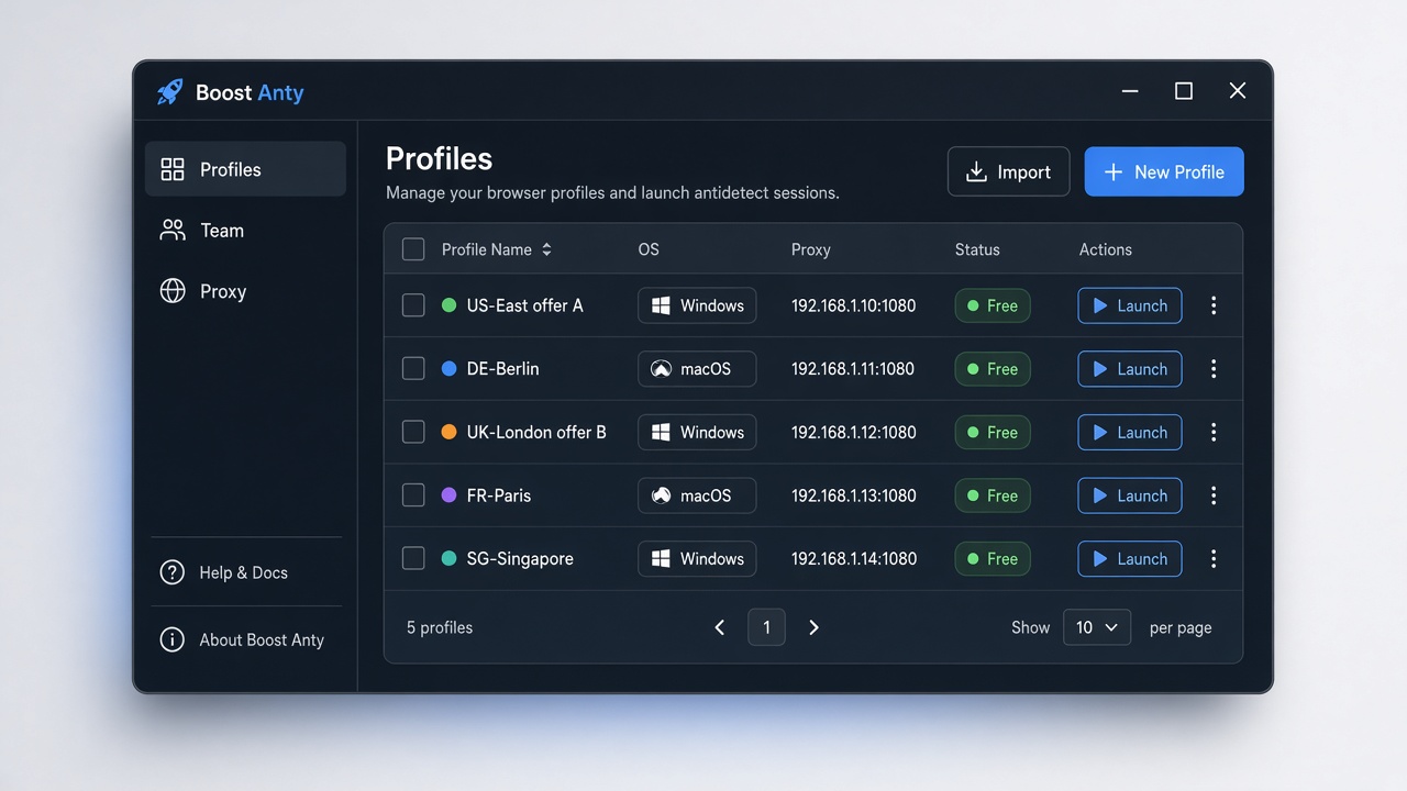 Интерфейс Boost Anty — список профилей